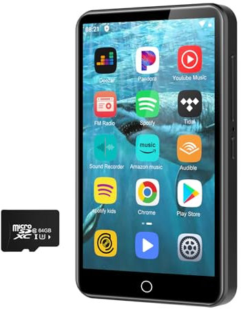 Lecteur MP3 avec Spotify,80Go Lecteur MP3 avec Bluetooth et WiFi,Lecteur MP4 en Streaming Android avec Audible,Deezer,Tactile 4 Pouces 1080P,Stockage Extensible de 1TB