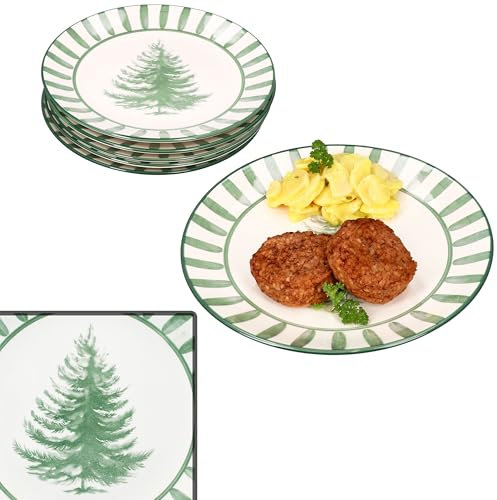 MamboCat Juego de 6 platos llanos verdes de abeto I platos grandes de gres para 6 personas con abeto y borde a rayas I Vajilla para Navidad, Adviento y Papá Noel