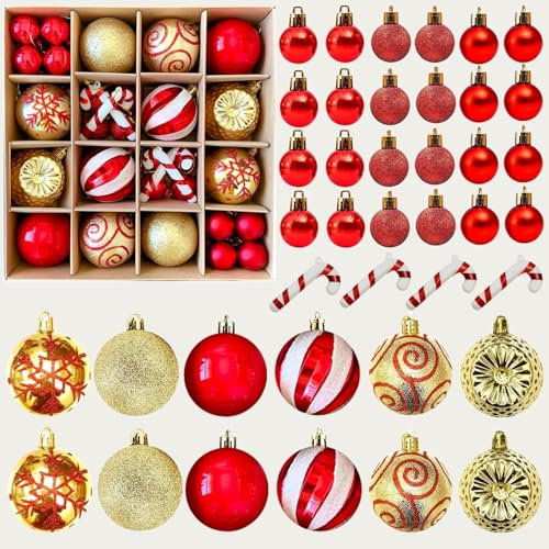 Top Sale 40 Pieces 10 Designs Shatterproof Christmas Tree Hanging Baubles - in Matte, Glitter & Shiny Finish - Red, Gold and White - 60 and 30 mm