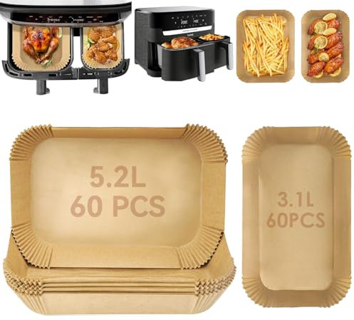 VIRIECH Papel para Freidora de Aire: 60+60 Piezas, Compatible con Philips 3000 Series, Tefal EY901840/EY905D, Cecotec 5.5/3.5L, Moulinex 8.3L, Tower T17099 - Mantén tu Freidora Limpia