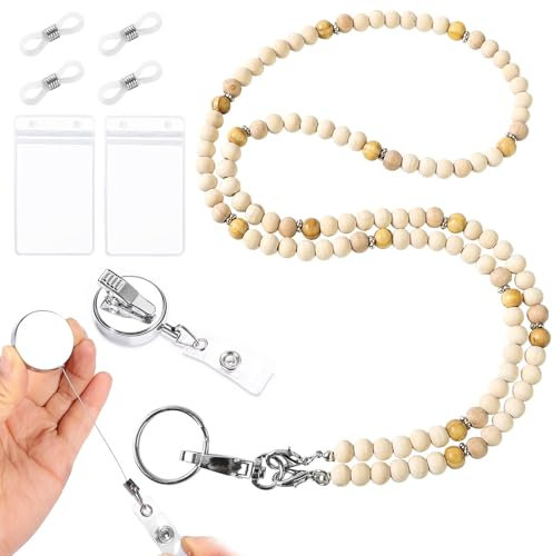 lomdung Schlüsselband mit 2 Wasserdichten Kartenhülle, Natürliche Holzperlen Ausweishalter Lang Ausziehbar Lanyard, Niedliche Hölzerne Lanyards, für Ausweise Schlüsselanhänger Band