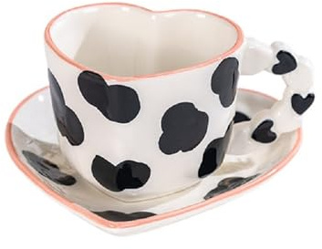 FülleMore Herz Form Kaffeetasse mit Untertasse Set Süße Herz Muster Espressotasse 250ml Cappuccino Tasse Nachmittagstasse Geschenk zum Weihnachten Geburtstag Valentinstag Jahrestag (Schwarz-Kuh)