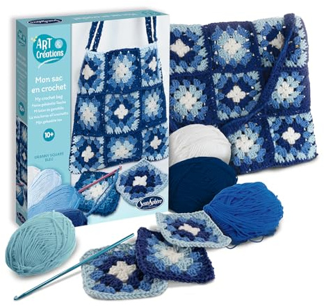 Sentosphère - Meine Tasche Patchwork Blau - Kreativset - Kinderkoffer - Häkeleinführung ab 10 Jahren - Trendy Granny Squares - Weiche Wolle - 20601