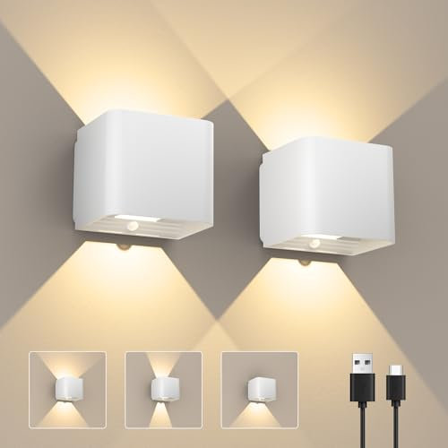 GEARLITE 2 Pack Weiß Led Aufladbar Wandleuchte Innen/Aussen mit Bewegungsmelder, Wandlampe Auf und ab Einstellbarer Lichtstrahl 3000K Warmweiß Außenwandleuchte IPX4 Wasserdichte Wohnzimmer Garten