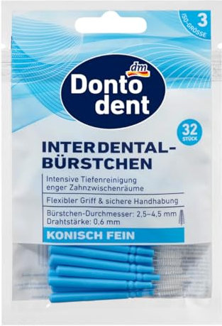 Dontoden Interdentalbürsten Blau 0,6 mm ISO 3 – Tiefenreinigung der Zahnzwischenräume, ideal für Brücken & Brackets, 1 Pack (32 Stück). Zahnpflege, Mundhygiene, Zahnzwischenraumbürsten