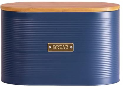 Darthome Navy Blue Ribbed Bread Bin 34x21x18cm Ribbed Metal Loaf Kitchen Storage Container Wood Lid