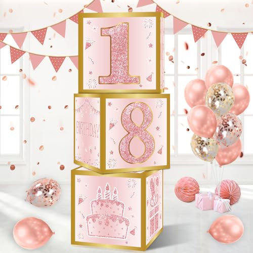18th Birthday Decorations Boxes for Girls - 3pcs Pink Rose Gold 18th Birthday Balloons Boxes, 18 Year Old Happy Birth Party Supplies Table Decorations for Girls Lady