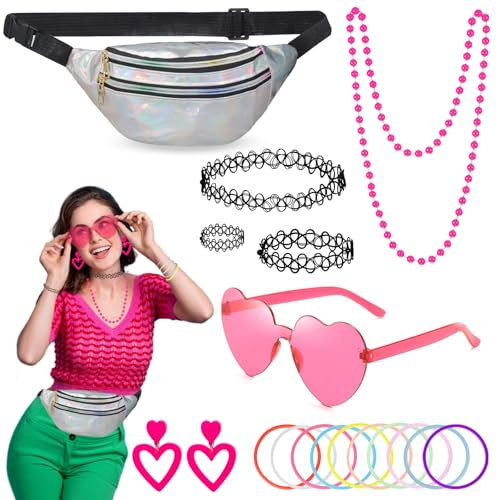 19 Stück 90er Jahre Outfit Neon Party,80er 90er Jahre Outfit Accessoires Damen mit Bauchtasche,Brille,Halskette,Armbänder,Ohrring,Tattoo Kette,80er Jahre Kleidung Damen Set für Karneval Party(Silbrig)