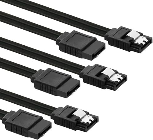 3-Pack SATA Cable III 6Gbps - High-Speed Data Transfer for HDD, SSD, CD Drives - Secure Latch, Backwards Compatible, 18 Inch, Black