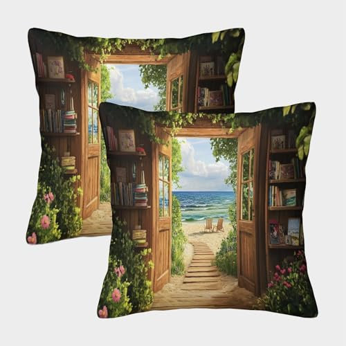 kaiyun Offene Holztüren führen zum Strand-Kissenbezug,Holzhaus-Bücherregalpflanzen-Muster Geeignet Für Außenbalkon,Terrasse,Garten,Bauernhaus-Dekoration,45x45cm 2er-Pack