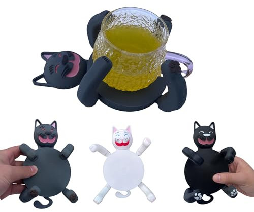 3D Printed Cat Coasters with Moving Legs - Cute Cat Mug Holders for Drinks, Heat Resistant Coasters That Hold the Cup, Pet Lover Gift, Coffee Table Decor,Housewarming Present for pet Owners (grey)