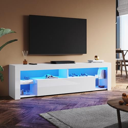 SUNXURY TV Board 180cm Modern TV Schrank mit Glasböden 180 x 35 x 50,5 cm Viet Stauraum, TV lowboard mit Schranktüren Weiß Hochglanz