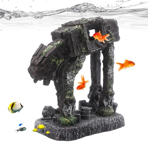 WIYETY Groß Aquarium Deko: Ornamente Harz Schloss Dekorationen, Klassische Burgruinen Zubehör, Aquarium Zubehör Polyresin Landschaft für Fisch, Garnele, Schildkröte (Mechanischer Hund)