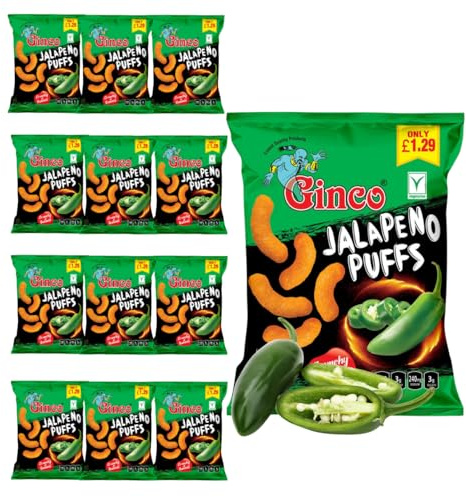 Ginco Jalapeno Puff Crisps (Pack of 12) - Jalapeno Multi Pack | Crisps Bulk Spicy Snacks, Bulk Sharing | Pub Sharing Bag