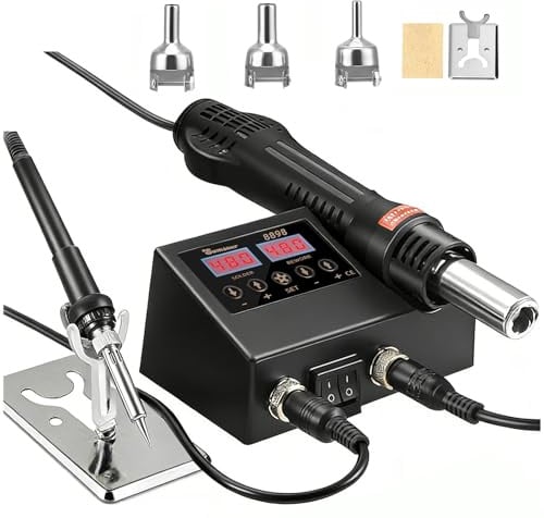 2IN1lötstation mit heißluft LED-Display 700W Heißluft Lötstation Soldering Station 100-480℃ Temperatur Heißluftlötstation mit 3 Heißluftpistolen Düsen Digitaler Temperaturkorrektur und Schlaffunktion