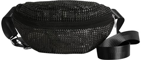 Bauchtasche Für Damen, Gürteltasche mit Glänzenden Strasssteinen Verstellbarer Gurt Hüfttasche Umhängetasche Fanny Pack für Damen Party Festival Travel (Schwarz)