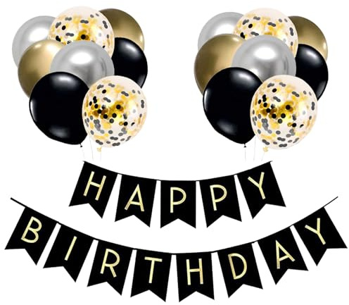 Luftballons Geburtstag Dekoration Set, Schwarz Gold Silber Geburtstagsdeko Happy Birthday deko Banner Set mit Luftballons Konfetti Luftballons(BK+GD+SR)