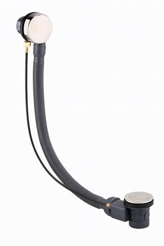 Brushed Nickel Bath Pop-Up Waste & Overflow Kit | Combined Assembly | Flexible Overflow Hose with Push-to-Open Plug | Standard Fit for UK Baths