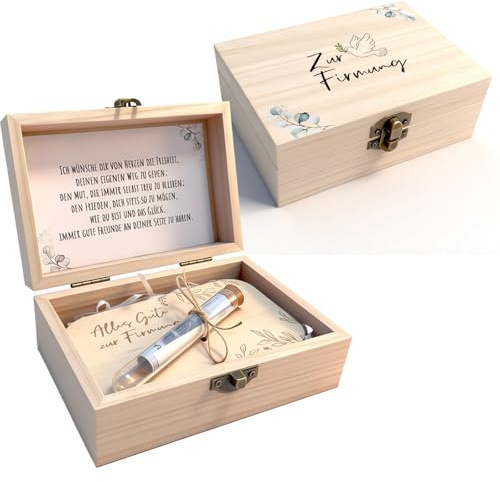XineYuor 1 Set Firmung Geldgeschenk aus Holzbox mit Deko:Eukalyptusblättern Tauben Grußkarte Holzkarte Reagenzglas & Raffia Gras -Geldgeschenk Verpackung für Party Gäste Firmung Deko (Firmung-A)