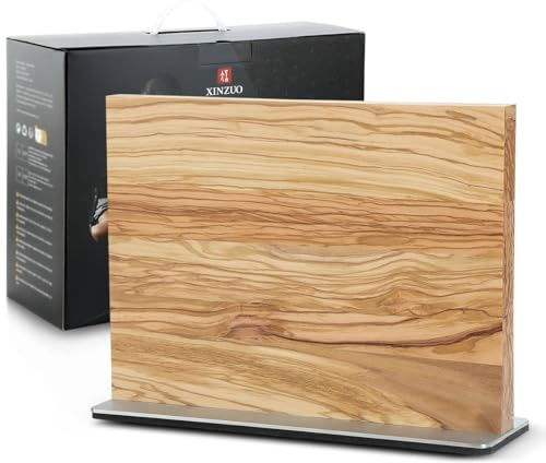 XINZUO Bois de Olivier Bloc à Couteaux Magnétique -Bloc Aimanté Double Face -Base Antidérapante Acier Inoxydable -Sans Couteau -Porte Couteaux avec Aimant Puissant -Range Couteau de Cuisine Vide