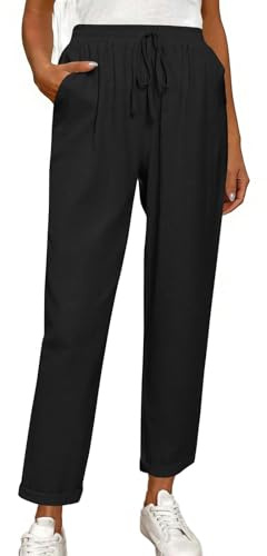 Pantalon Lin Femme Été Taille Élastique avec Cordon de Serrage Fluide Coton Casual Chic Ample Jambe Droite Couleur Unie avec Poches Pantalon Léger pour Vacances Plage Travail