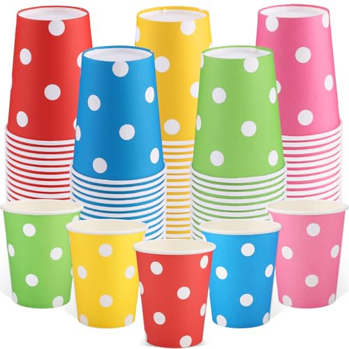 NatNarr 100 Pack Rainbow Polka Dots Paper Cups, 9oz Colored Party Cup | Disposable Rainbow Paper Cups Bulk, Drinking Cup for DIY Birthday Holiday Party Supplies, 5 Colors