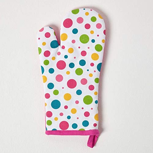 HOMESCAPES - Pure Cotton Oven Glove - Polka Dot Multi Colour - Pink Yellow Blue Green - 18 x 32 cm - Fully Coordinated Washable Kitchen Linen