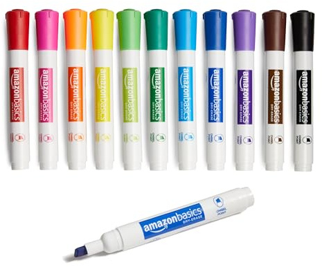 Amazon Basics Dry Erase Whiteboard Markers, Chisel Tip, Low-Odor, Assorted Colors, 12-Pack, Erase Easily