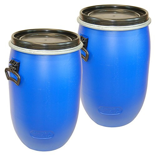 Lot de 2 Fûts, baril poliétylène ouverture totale 60 L, bleu, qualité alimentaire, avec couvercle (2x22095)