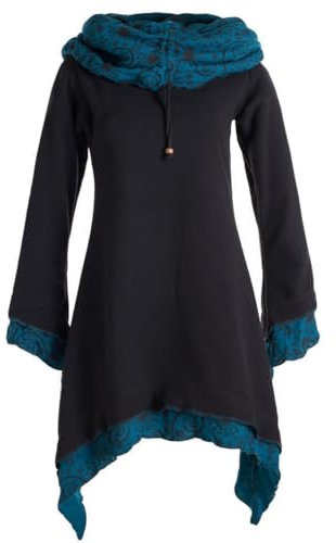Vishes - Alternative Bekleidung - Lagenlook Zipfelkleid aus Eco Fleece mit Langen Ärmeln und großem Kapuzenschalkragen schwarz 34-36