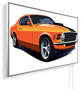 Könighaus Bildheizung 600 Watt - Thermostat - 8-16 m² | Schwarz-Weiß-Bilder, Motiv: 253. Sportwagen Orange, TÜV SÜD, 5 Jahre Garantie, doppelter Überhitzungsschutz, Wandheizung