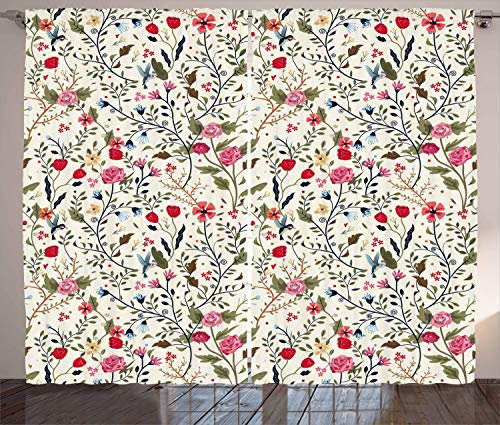 ABAKUHAUS Blumen Rustikaler Gardine, Vögel Rosen-Tupfen, Schlafzimmer Kräuselband Vorhang mit Schlaufen und Haken, 280 x 175 cm, Rosa