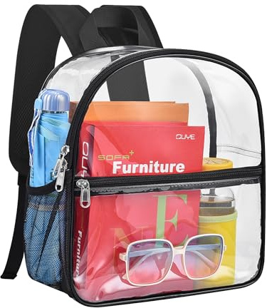 Paxiland Klarer Mini-Rucksack, Stadion-genehmigt, durchsichtig, klein, für Arbeit, Reisen, Konzert, Strand und Sport, Schwarz