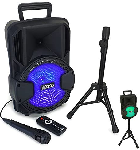 Party Light & Sound - Pack Karaoké Enceinte USB SD Bluetooth + Pied + Micro + Batterie idéal Cadeau Noël, d’Anniversaire PA DJ Sono Mix LED Light
