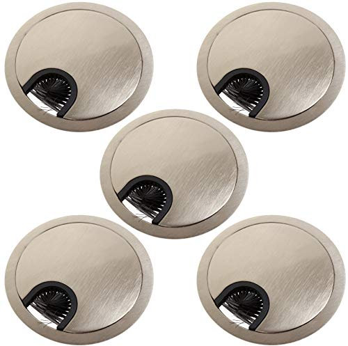 5X Brushed Nickel Desk Grommets (80mm) with Brush Computer Table Surface Cable Tidy Management
