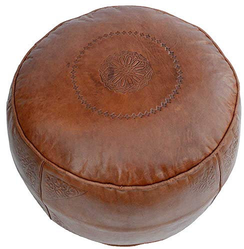 Leder Sitzpouf Pouf Sitzwüfel Sitzkissen Hocker Bodenkissen, Farbe Hellbraun, Ø 44 x H 33 cm, inklusive Füllung, Echtes Leder handmade Marokkanisch Asiatisch Vintage-Design
