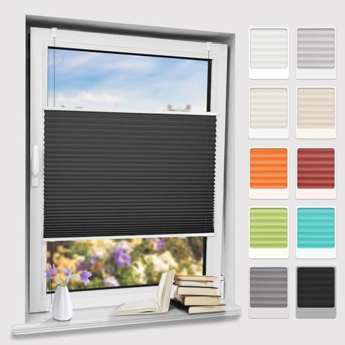 Plisseerollo klemmfix ohne Bohren, Schwarz 90x130cm(BxH) Springrollo mit Klemmträger, Blendschutz Klemmrollos für Fenster & Balkontür