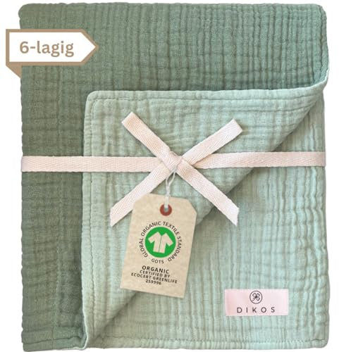 DIKOS® Musselin Babydecke Sommer 6-lagig 70×100 cm – Bio-Baumwolle (GOTS & Öko-Tex) – salbeigrün/Mint – weich & atmungsaktiv – Kuscheldecke, Spucktuch, Puckdecke – Geschenk Geburt Mädchen & Jungen