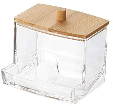 TSQZE Wattestäbchenhalter Acryl Wattepads Aufbewahrung, Tragbare Wattestäbchen Halter Wattepads Mit Holzdeckel, Transparente Aufbewahrung Von Wattepads Für Wohnzimmer Schlafzimmer Badezimmer (Stil B)