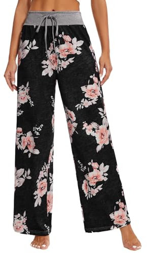 AMYTIS Damen Yogahose Stretch Freizeithose Bequeme Pyjamahose Schlafanzughose Lang Leichte Lounge Hose Hausanzug Hosen Relaxhose Fitness Sommer Weites Bein,Black#0486,L
