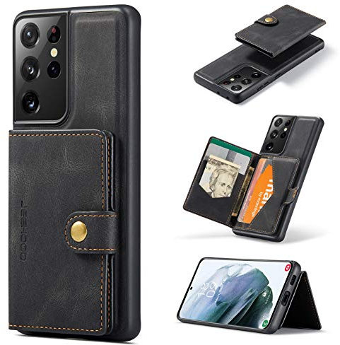 HERCN - Funda de Piel sintética para Samsung Galaxy S22 Ultra 5G de 6,8 Pulgadas. Funda de teléfono móvil Funcional con pequeña Cartera magnética única. (Negro)
