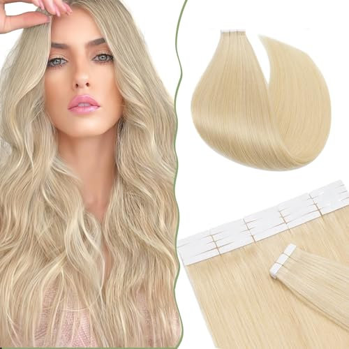 SEGO Echthaar Tape in Extensions Haarverlängerung Invisible Seamless Haarteile Skin Weft Menschenhaarverlängerung Klebestreifen Hellblond#613 50 cm (20 Stück)