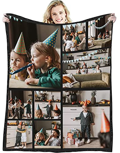 GLIKW Personalisierte Fotodecke mit eigenem Foto Und Text, Super Weich Flanell Collage Kuscheldecke Geschenke für Vater, Mutter, Kinder, Haustiere, Freunde oder Paare(9 Fotostil-1, 150×200cm)