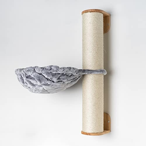RHRQuality Wandmöbel Kletterwand Katze – Wand Sisalstamm XXL mit Hängematte 45Ø de Luxe – Tragkraft bis 20 kg – Für große Katzen – Mit luxuriöser Liegefläche – Hellgrau