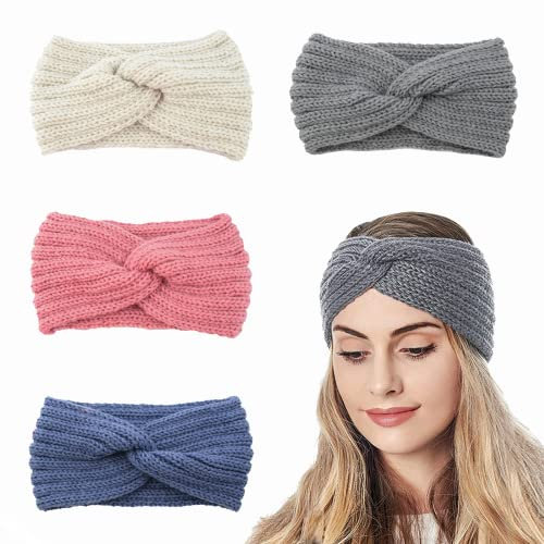 xlwen Stirnband Damen Winter 4 Pcs Gestrickt Stirnband mit 4 Farbe, Kopfband für Damen Frauen Verdicken Stirnbänder für Halten Sie Kopf, Ohren Im Winter Warm Und Bequem