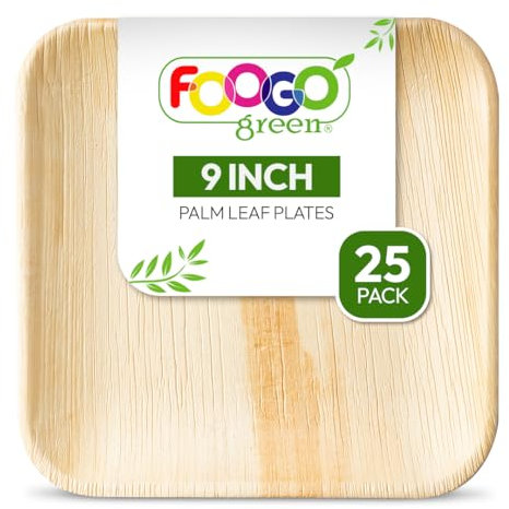 FOOGO Green 25 Platos Desechables de Hoja de Palma, 23 cm, Cuadrados Grandes, Biodegradables, Compostables, Como Platos de Madera, Bambú, Papel, para Comida Caliente, Bodas, Picnics, Fiestas