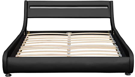 Lit ava pour Matelas 140x200 - Sommier + Tête de Lit eclairage LED Incurve Couleur Noir + Pieds en 5 cm pour Matelas - 13 Lattes