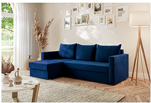 MEBLINI Schlafcouch mit Bettkasten - Kleines Ecksofa mit Schlaffunktion - Sofa mit Relaxfunktion und Kissen - Kleine Couch L-Form - Eckcouch - SIA - 226x146x93cm - Blau Samt