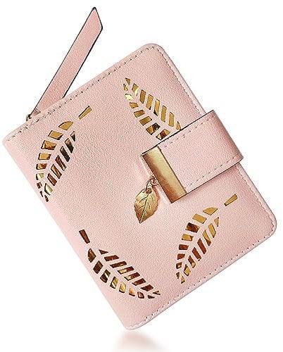 ATBUSS Portefeuille Femme Rose PU Cuir Double Pliage 11.8*10*3cm Motif Feuille Creux pour Femme, rose, 11,8 * 10 * 3 cm, Classique