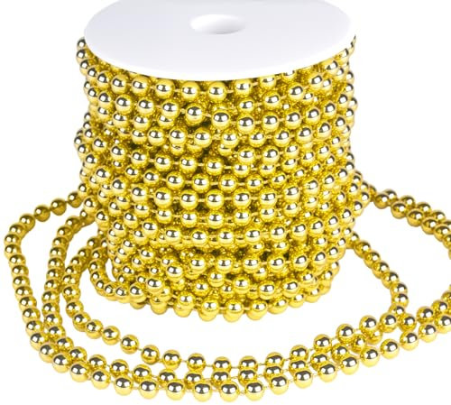 Anstore 15M Christmas Bead Chain Gold,Christmas Tree Decoration Chain,1 Roll String Chain Hanging Pearl Beads,Christmas Bead Garlands for Christmas Decorations (Gold)
